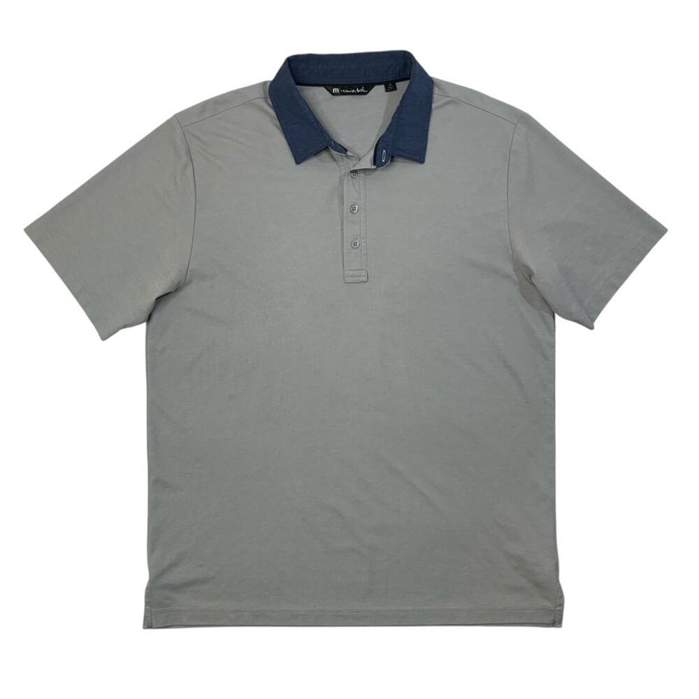 Travis Mathew Polo Shirt Mens XL Grey Storm Blue Pima Cotton Blend Short Sleeve